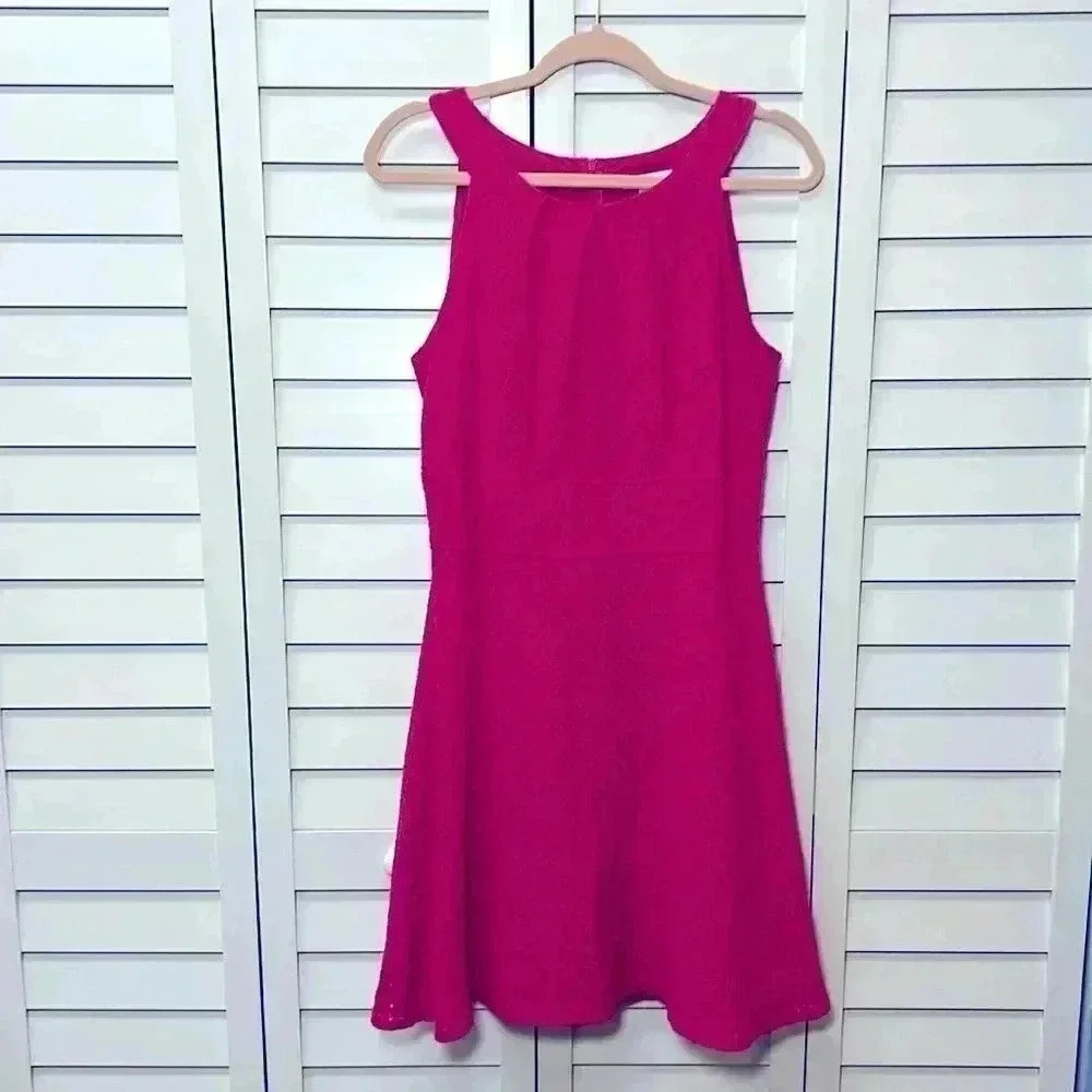 New York & Company Lace Pleated Halter Fit & Flare Dress Size 8 Hot Pink